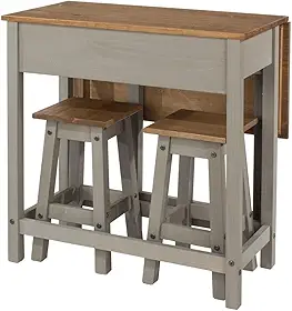 Mesa Dobrável e 2 Banquetas de Madeira Maciça Cinza Lavado - 84 Alt X 80 Larg X 40 Prof - Móveis Versáteis para Sala e Cozinha - Acabamento em Cera, Madeira Pinus Elliottis - PENSE DENTRO DA CAIXA