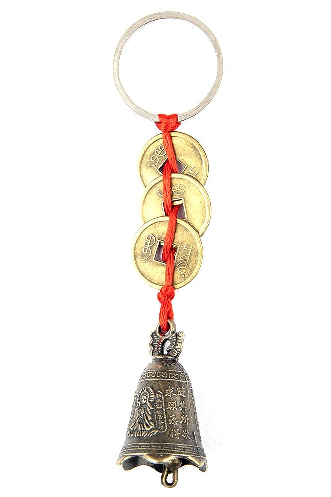 Money Vastu Feng Shui Collection Fengshui Bell with Three Chinese Coins Key Chain Wealth Success Peace Financial Growth Home Office Car Shop