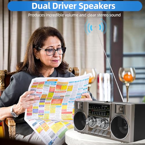 Image of Yoidesu Radios Portable AM FM SW, 4 in 1 Vintage Radio Bluetooth Speaker with Dual 5W Drivers, 1200mAh Battery 8 Hours of Battery Life, Gifts for Seniors Elderly (Gold)