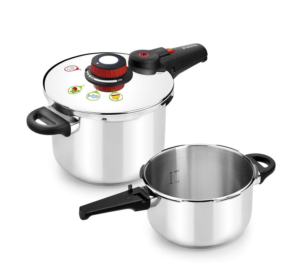 MONIX Selecta | Duo Set pentole a pressione rapide 4 e 6 litri con Sistema di selezione degli alimenti e Chiusura automatica, Acciaio inox 18/10, Argento, 2 Unità