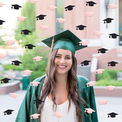 Image of Rose Gold and Black Graduation Cap Confetti 2026, Class of 2026 Table Centerpiece Grad Confetti for 2026 Graduation Party Decorations Supplies
