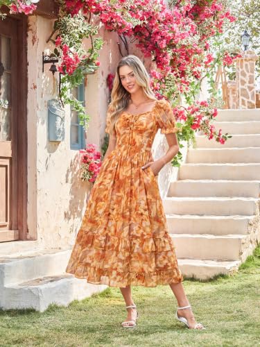 Image of Scarlet Darkness Women Floral Maxi Dress Puff Sleeve Tea Party Corset Dress | Pockets, Ruched Bust, Ruffled Hem, for Cottagecore Fairy Milkmaid Vacation