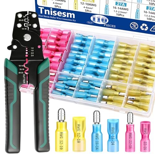 Tnisesm 111PCS Heat Shrink Bullet Connectors with Crimping Tool 22-10AWG Waterproof Bullet connectors Heat Shrink Female&Male Connector for Automotive Boat Stereo Industrial Equipment