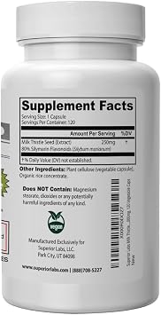 Superior Labs Milk Thistle NonGMO - 80% Silymarin Flavonoids - Powerful Formula for Healthy Liver, Kidney, Detox and Function, Energy - 250mg 4:1 Extract Yielding 1,000mg, 120 Vegetable Caps