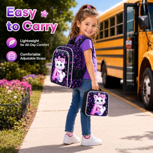 Image of CCJPX 16 inch Cat Backpack for School, 3Pcs Girls Kids Bookbag with Lunch Box, Water Resistant Elementary School Bag for Kindergarten Preschool Toddler (Black)