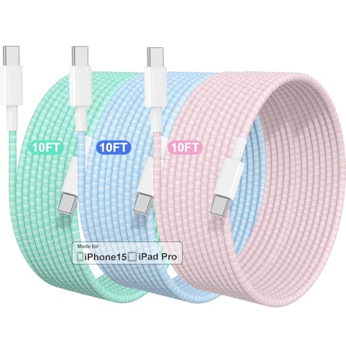 Image of Long USB C to USB C Fast Charging Cable 10ft for iPhone 15 16 Pro Max,3Pack 60W Braided Apple iPhone 15 16 Charger Cord,Type C to C Cable 10ft for iPhone 15 16 Pro Plus,MacBook Pro,iPad Air-Color