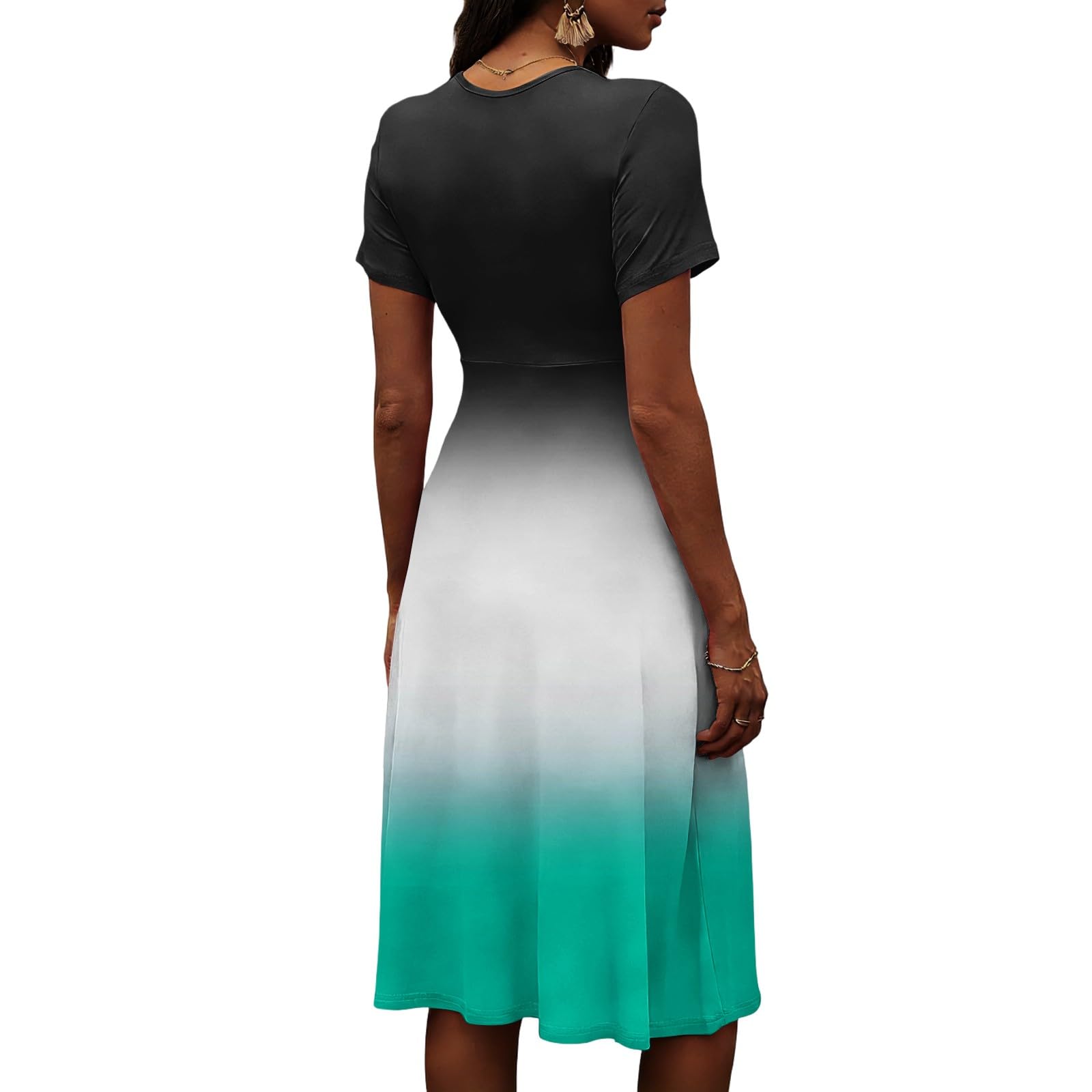 Generico Robe d'été à manches courtes – Robe mi-longue pour femme, taille haute, trapèze, col en V, couleurs mixtes avec plis, robe légère décontractée pour vacances à la mer