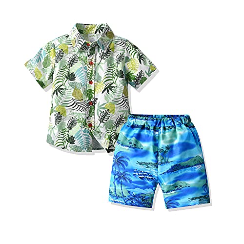 Machbaby Ensemble de vêtements d'été à manches courtes pour bébé garçon - Chemise et short court - Loisirs hawaïens - Vêtements de plage et de vacances - Bleu - 5-6 ans Cover