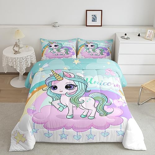 Feelyou Cute Rainbow Unicorn Comforter Set Twin, Girls Unicorn Bedding Set Fairy Dreamy Horse Comforter Kids Toddler Cute Animal Decor Duvet Set with 1 Pillow Case