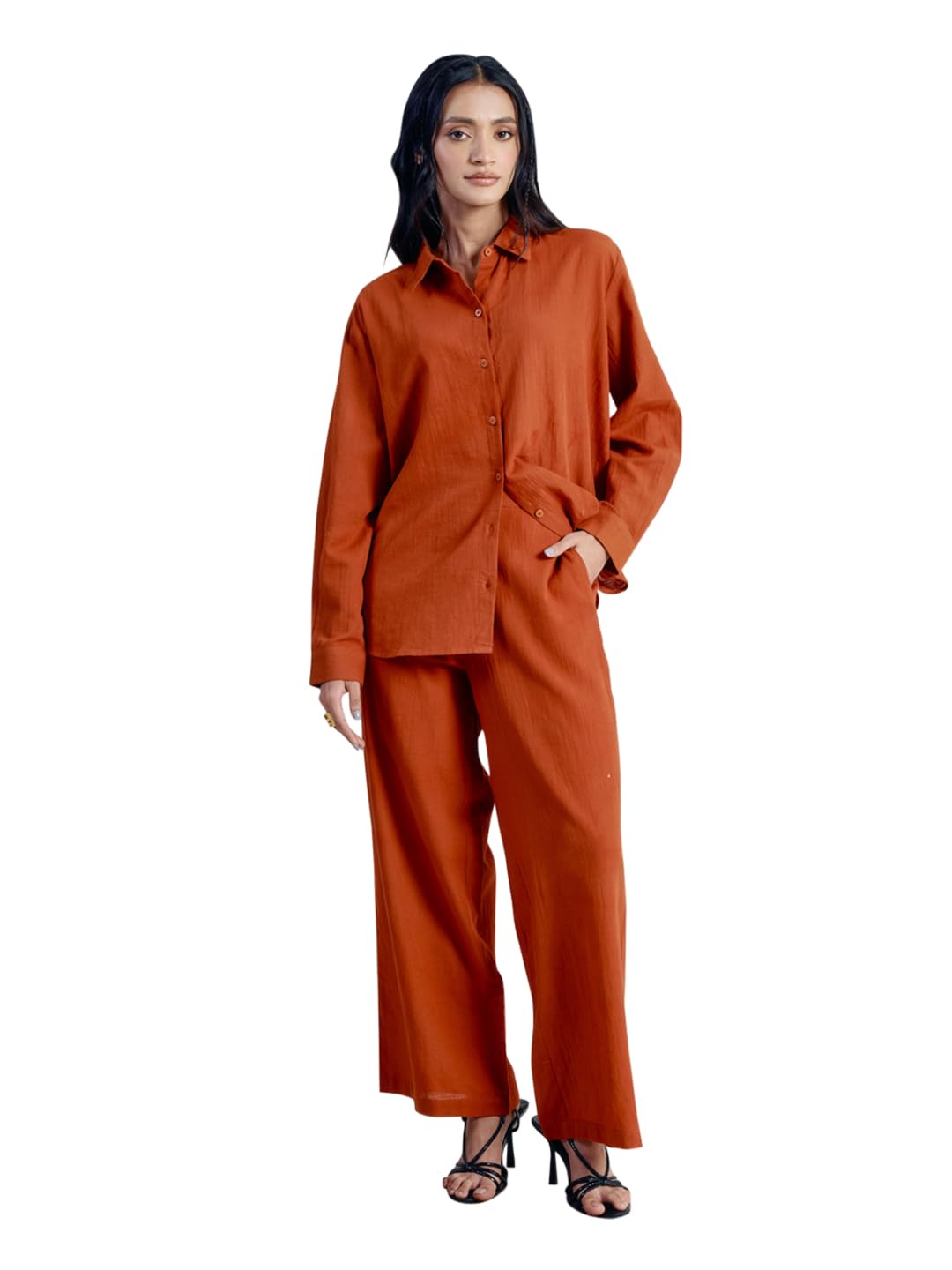 FIORRA Women’s Rust Linen-Blend Loose Relaxed Fit Co-Ord Set SET0213