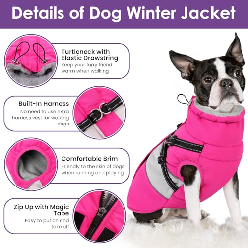 Image of Dog Coat, XXL Dog Jacket Winter with Harness Built in, Waterproof Pet Snow Jacket with Furry Collar for Chilly Day, Reflective Fleece Snowsuit for Extra Large Dogs, Hot Pink 2XL