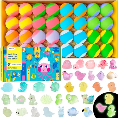 Bath Bombs for Kids with Surprise Inside, 32 Pack 1.8-Inch Fizzy Bath Bombs with 32 Different Glow-in-the-Dark Animal Toys, Kid-Friendly, Non-Toxic, 8 Scents, Birthday Party Favors & Stocking Stuffers