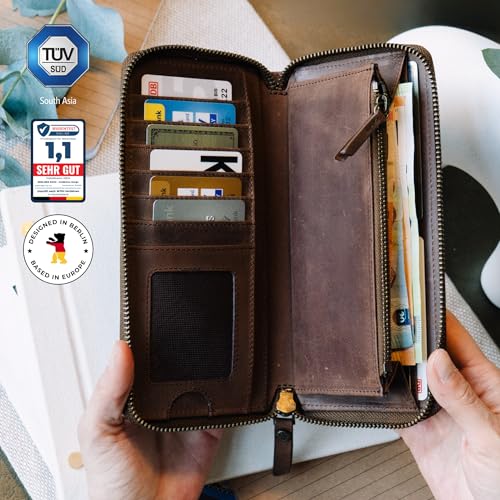 BERLINER BAGS Vintage Genuine Leather Wallet Margo, RFID Blocking Credit Card Holder, Slim Womens Wallet, Zip Around Wallet for 13 Cards and ID window, Bills, Coins - Brown3