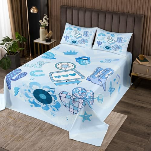 jejeloiu Kids Blue Music Bedspread Twin Size Girls Guitar Coverlet Set for Boys Teens Bedroom Decor Western Boots Quilted Coverlet Popstar Party Soft Lightweight Microfiber 2Pcs