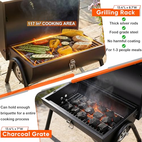Image of Portable Charcoal Grill with 6 BBQ Tools, HaSteeL Compact Tabletop Barbecue Grill with Thermometer, Small Smoker for Outdoor Camping Backyard Beach BBQ, Thick Steel, Easy to Assemble