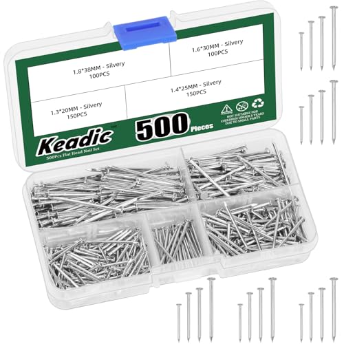 Keadic 500 Pcs Nail Assortment Kit, 4 Sizes, Small Finishing Nails for Hanging Pictures, Wall Nails for Hanging, Pin Nails, Hardware Nails, Assorted Nails, Galvanized Nails Silvery)