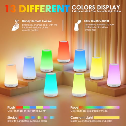 Image of Auxmir Rechargeable LED Night Light, Touch & Remote Control Bedside Lamp with 13 Colors, 5 Brightness Levels, Portable Table Lamp for Kids Baby Nursery, Bedroom, Bathroom, Camping, White