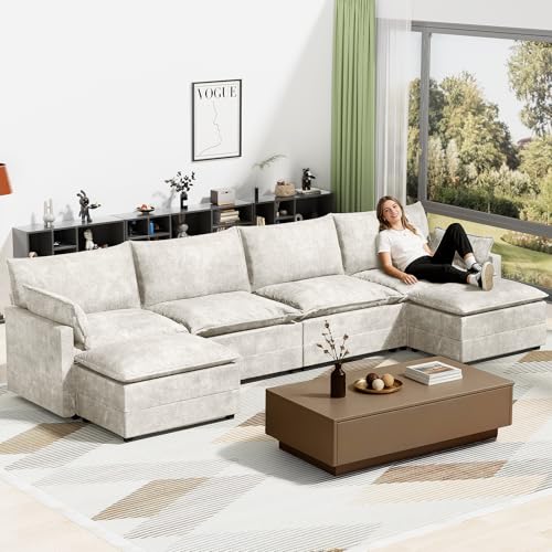 Image of LEVELEVE 147 inch U-Shape Modular Sofa with 2 Ottomans, Deep Seat Cloud Convertible Sleeper, 2 Arm Pillows, Comfortable Large Upholstered Furniture for Living Room Apartment, Beige