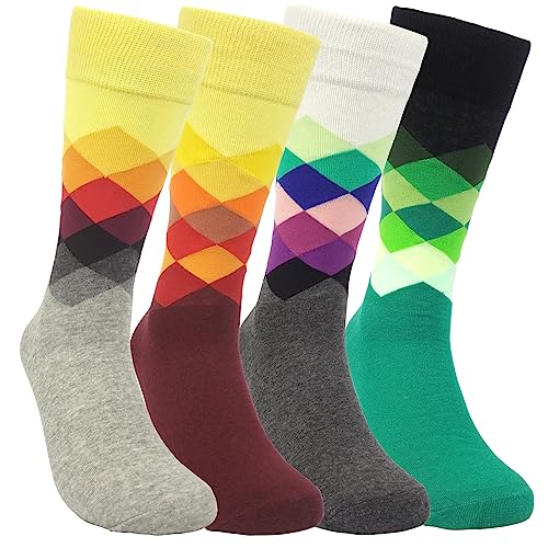 HSELL Funny Mens Colorful Argyle Dress Socks Fashionable Design Funky Pattern Cotton Crazy Socks for Men Gfits (4 Pairs - Colorful Argyle Assorted)