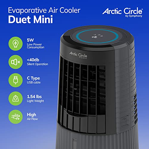 Symphony Arctic Circle Evaporative Air Cooler | Quiet | Powerful | Usb Powered Includes 6 Ft Usb-C Cable | 3-Speed Touch Enabled Multi-Mode Portable For Bedroom, Office, Camping, Rv (Grey) #TOP1