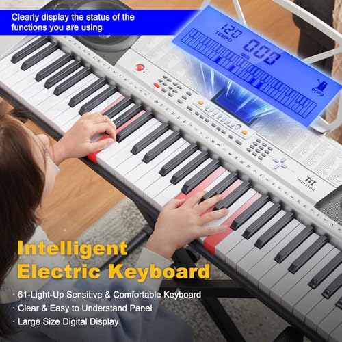 Image of MUSTAR 61 Key Piano Keyboard, MEKS-400 Electric Piano Keyboard with Lighted Up Keys, Learning Keyboards Piano for Beginners, Piano Stand, LCD Screen, Headphones, Microphone