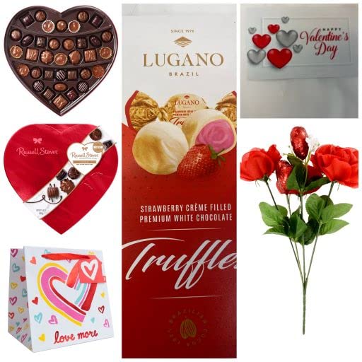 Russell Stover Red Foil Heart Box of Valentines Assorted Chocolates, Valentines Day Gifts - Includes Russel Stove chocolate- Valentine's Strawberry Crème White Chocolate Bar - 2.25oz - Favorite Day- Artificial Rose Flower with Glitter Heart Bouquets | Valentine Card included. Valentines Gift for Her or Him