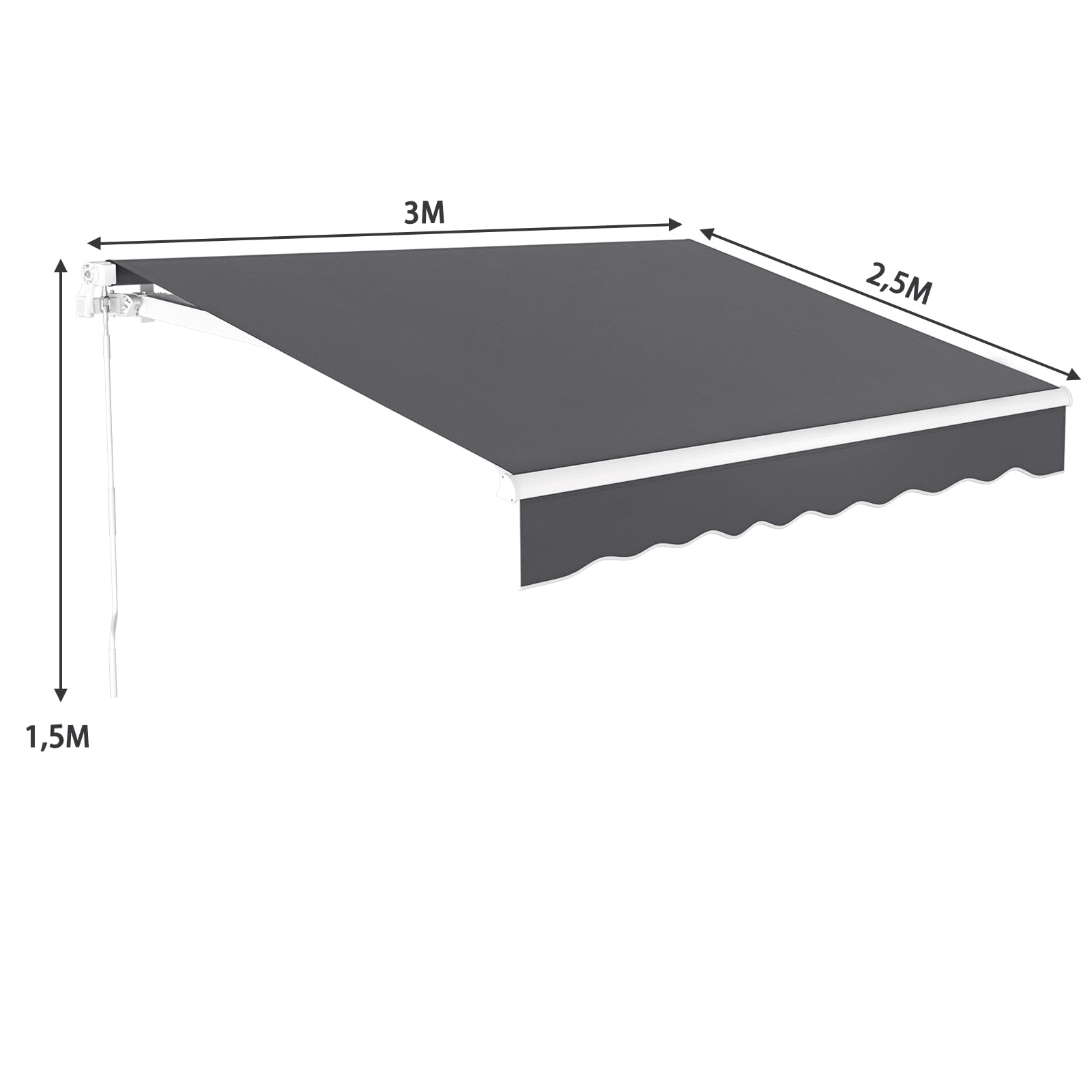 Dripex Store Banne Manuel Rétractable 300 x 250 CM en Aluminium Polyester Étanche et Résistant aux UV Angle Réglable 0-45° pour Terrasse Bistro Balcon Gris