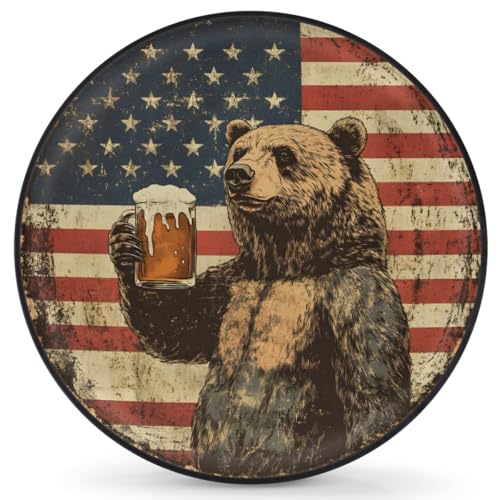 Image of Spare Tire Cover Bear American Flag Wheel Covers Protectors Waterproof Dust-Proof Universal Fit Trailer, RV, SUV and Many Vehicle (17 inch for tire Diameter 31.49 inch-32.67 inch)