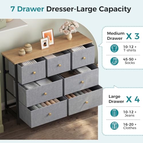 Image of OLIXIS 7 Drawer Dresser for Bedroom, Tall Fabric Storage Tower with Sturdy Steel Frame and Wooden Top, Large Dresser for Living Room Entryway with Easy Pull Fabric Bins, Gray Blue