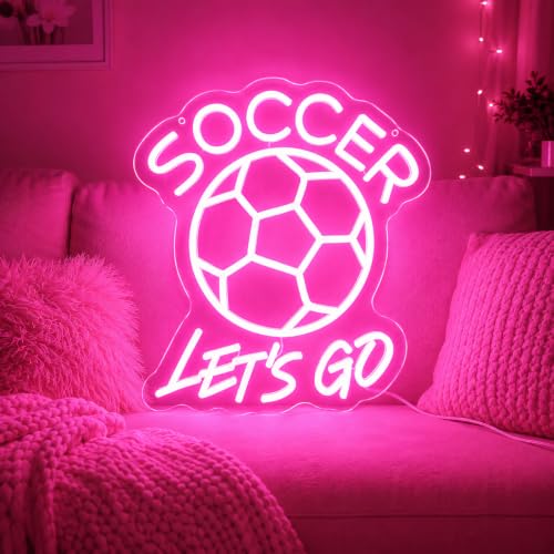 Image of Soccer Let's Go LED Neon Sign, Pink Soccer Ball Neon Wall Light for Bedroom, Game Room, Sports Bar, Fan Cave, Team Room Decor, USB Powered Dimmable Soccer Gift for Teen Girls, 13.42 x 12.99 In