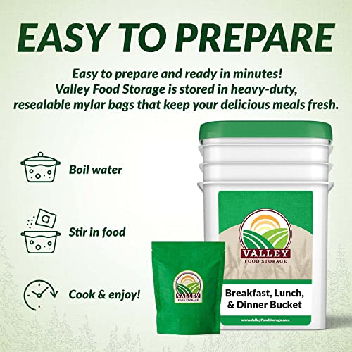 Valley Food Storage Breakfast, Lunch, & Dinner Bucket | Long Term Food Storage Emergency Food Supply, Prepared Foods, Camping Supplies | 25 Year Shelf Life | 80 Servings