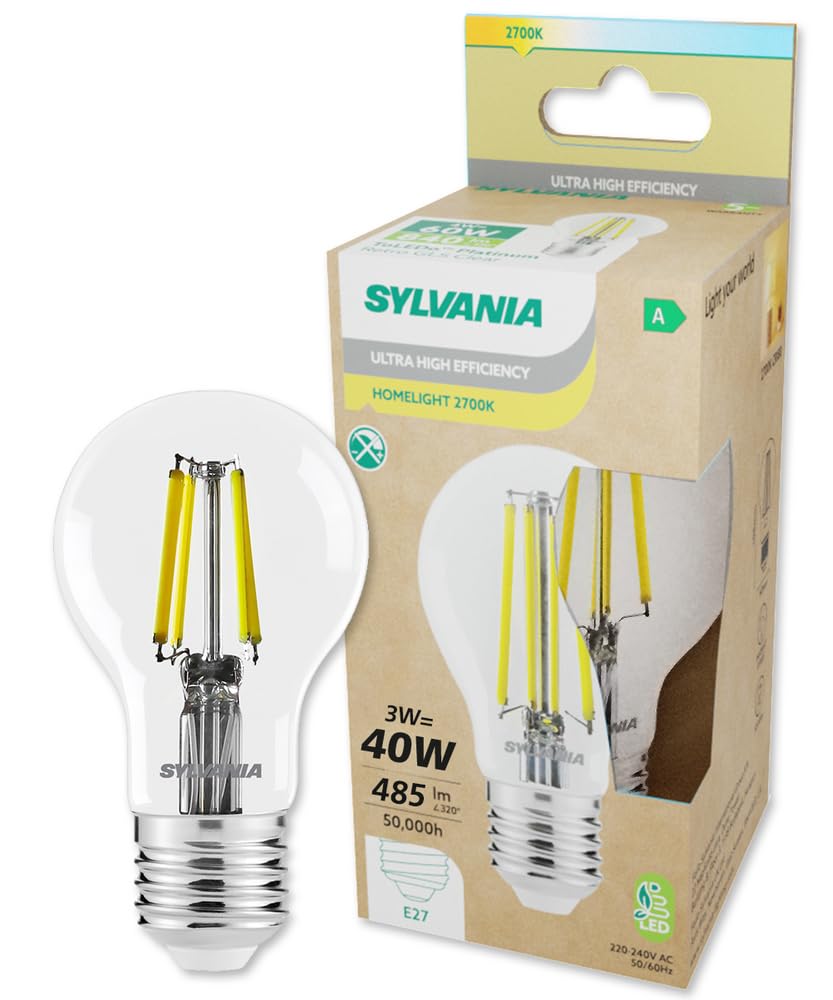 Sylvania Platinum E27 LED Bulb – 2.3W Ultra-Efficient GLS Retro Fit – A-Class Warm White Light (2700K) – Long Life, Low Energy – Single Pack