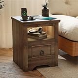 Festnight Nachttisch mit LED-Beleuchtung, Sieben, Rustikaler Beistelltisch mit Schublade, Vintage Nachtkästchen Sofatisch, Nachtschrank mit 1 offenes Fach, 40x40x50 cm MDF