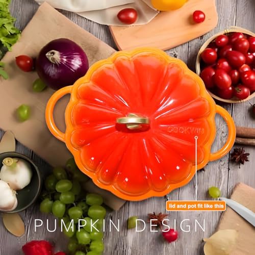 Pumpkin Enameled Cast Iron Dutch Oven with Lid, 4.5 QT Heavy Duty and Dual Handles Pot, Serves 3-5 and Oven Safe for Bread Baking, Braising, Cooking Soup and Family Gifts, Orange - Thumbnail 5