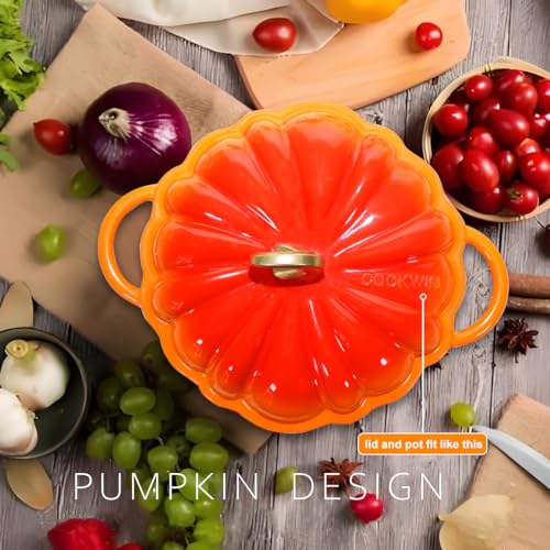 Pumpkin Enameled Cast Iron Dutch Oven with Lid, 4.5 QT Heavy Duty and Dual Handles Pot, Serves 3-5 and Oven Safe for Bread Baking, Braising, Cooking Soup and Family Gifts, Orange - Image 2