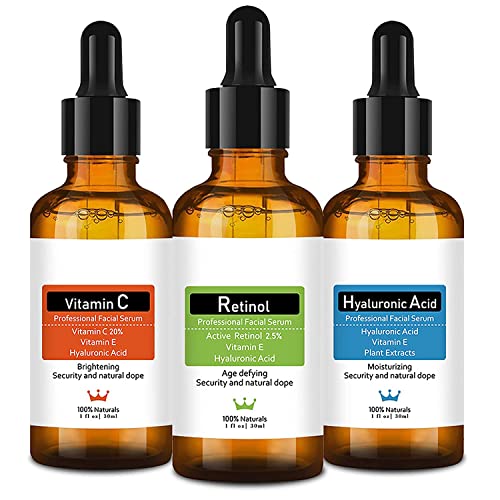 3 Pack Anti Aging Serum for Face-Vitamin C Serum, Retinol Serum, Hyaluronic Acid Serum, Natural Facial Skin Care Products Face Serum Set