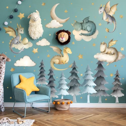 Dragon Wall Stickers,Peel and Stick Colorful Flying Dragon,White Clouds, Stars.Tree Self-Adhesive Mural，Removable Wall Sticker for Living Room Baby...
