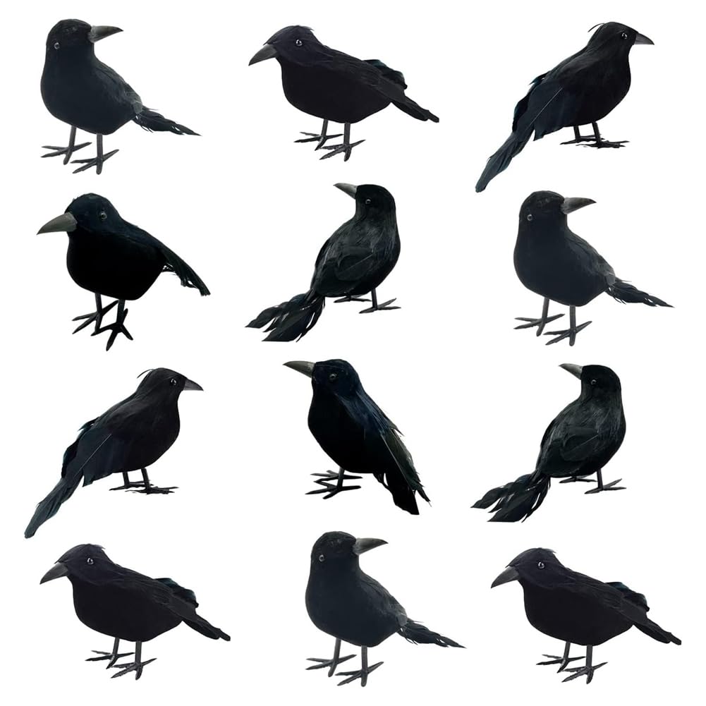 CTRLZS 12Piece Halloween Black Crows Feathered Crows Realistic Looking Handmade Feathered Crow 3 Styles