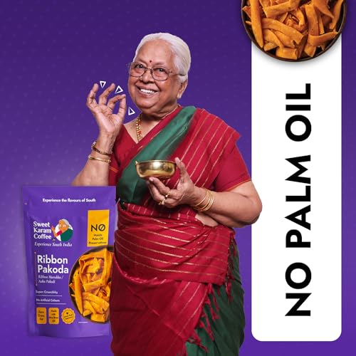 Image of Sweet Karam Coffee Ribbon Pakoda /Murukku - 200grams | No Palm Oil & Preservatives | No Maida | Kokku Vada | pakkavada | Authentic South Indian Namkeen | Fresh & Crispy Tea Time Snack | Homemade Taste