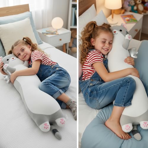 Image of Long Cat Plush Pillow, Cute Cat Stuffed Animal Body Pillow with Wings, Soft Kawaii Kitty Hugging Pillow, Christmas Valentine's Birthday Gift for Kids Girls Boys (Gray, 110cm /43.31in)