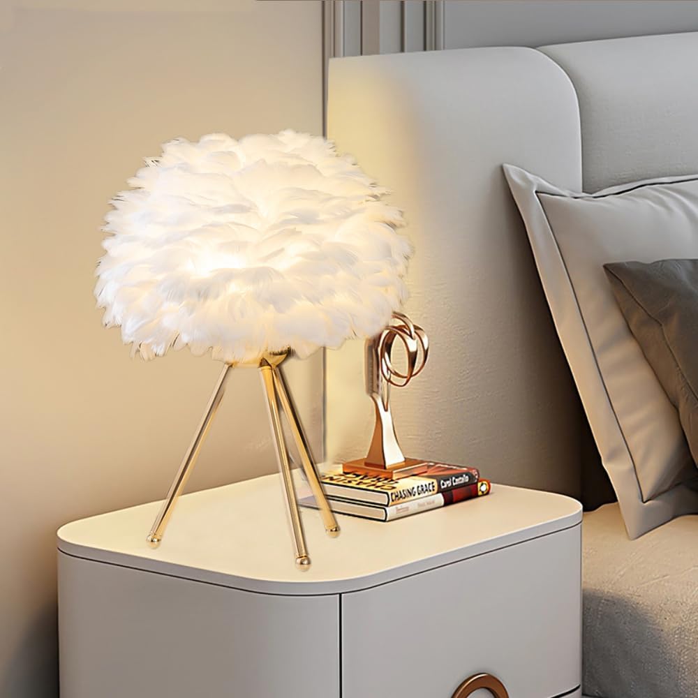XINYASEE Lampe de Table,lampe de chevet en Plumes d'oie, Douille E27,Corps de lampe à support métallique, 5 couleurs disponibles, Abat-jour en plume d'oie, Lampes de Bureau Design Moderne (Blanc)