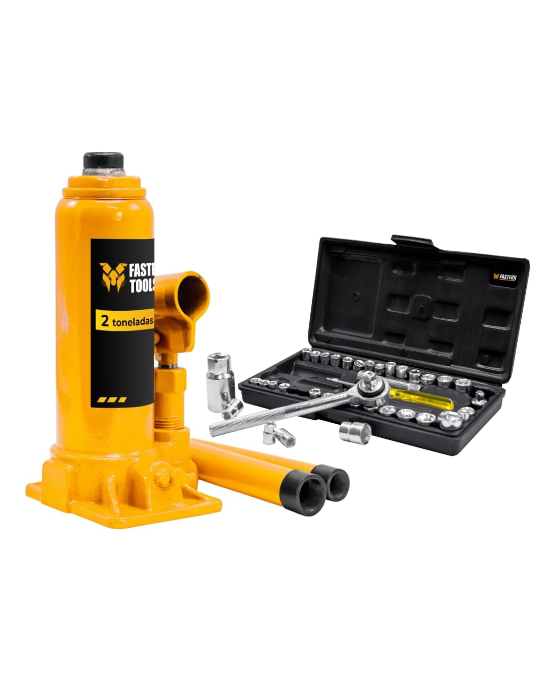 Kit Macaco Hidráulico Garrafa 2 Toneladas Fasterr FST073 + Jogo de Soquetes 1/4” e 3/8”
