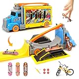 Hestiasko Transforming Truck Toy for Kids, 2-in-1 Vehicle Play & Finger Skateboard Park Kits with Ramps, 3 Fingerboards, Finger Bike, Extra Wheels & Storage Compartments – Gift for Boys Girls Ages 3+