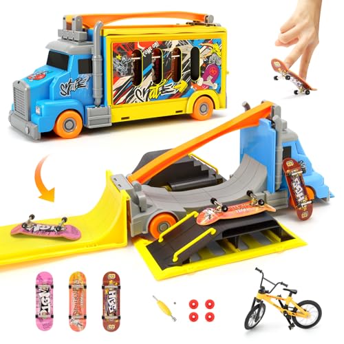 Hestiasko Transforming Truck Toy for Kids, 2-in-1 Vehicle Play & Finger Skateboard Park Kits with Ramps, 3 Fingerboards, Finger Bike, Extra Wheels & Storage Compartments – Gift for Boys Girls Ages 3+
