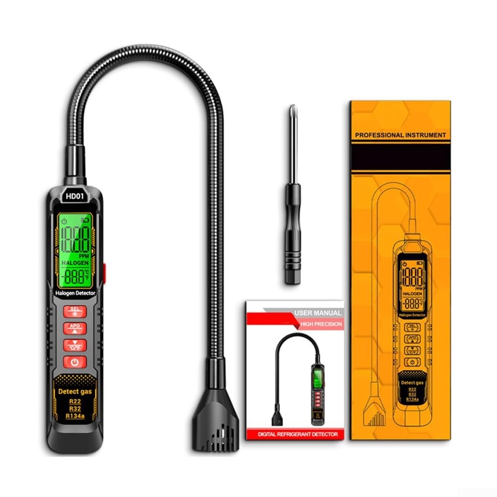 Detector de fugas HD01 para R22/R32/R134a, medidor digital de fugas 0 – 1000 PPM con circuito flexible y alarma, detector halógeno para sistemas de aire acondicionado de coche y sistemas HVAC (RT01