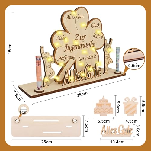 Jugendweihe Geldgeschenke Holz,LED Kleeblatt Glück Geldgeschenk Verpackung für Mädchen und Jungen zur Jugendweihe