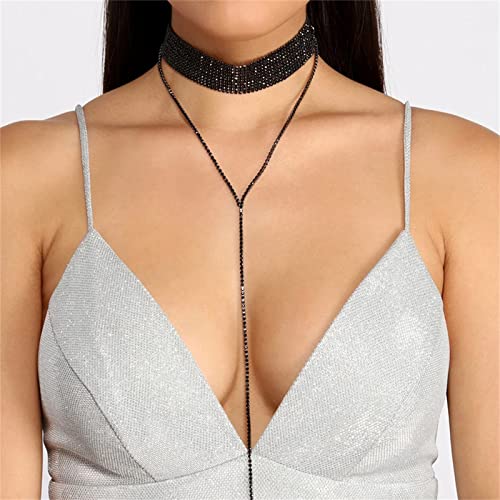 JewelryWe Schmuck Frauen Damen Multi Reihen Strass Choker Halskette Pullover Lange Kette mit Anhänger Halsband, Farben: schwarz