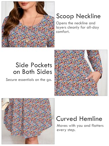 AusLook Women's Plus Size Long Sleeve Midi Dress Crewneck Casual Empire Waist Loose Flowy Dresses A-Line Boho Party 2025 Fall Winter Long Vibrant Floral Black 5X Dress with Pockets — view 4