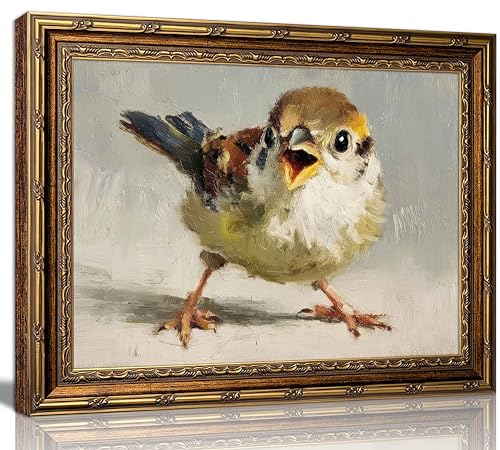 MYSCHRDS Vintage Sparrow Framed Canvas Wall Art, Gold Ornate Frame Bird Picture with 3D Textured Print, Rustic Farmhouse Cottagecore Wall Decor for Bedroom Entryway Office, 12x16 Inch