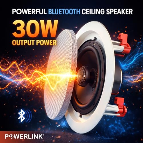 Image of Powerlink 9 inch Bluetooth Flush Mount in-Ceiling 2-Way 30W Speaker System with Built-in Amplifier, Polypropylene Cone & Polymer Tweeter, Stereo Sound, 30W - for Office, Gym, Home Theater